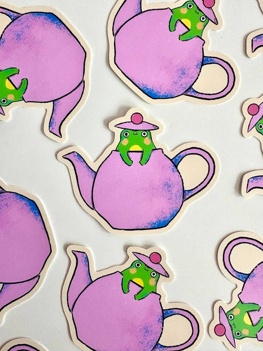 Frog in Teapot Matte Sticker