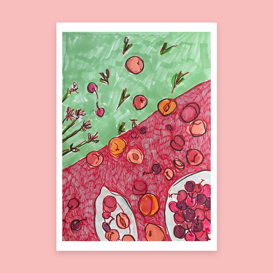 Cherries and peaches picnic postcard