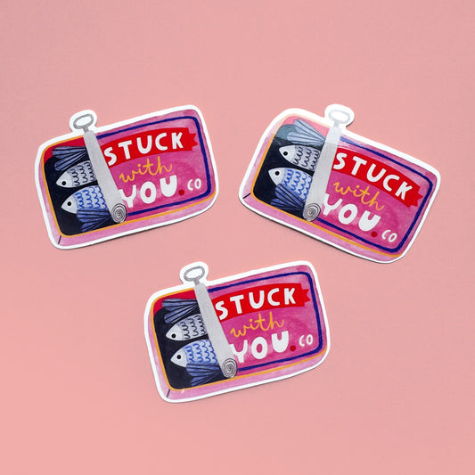 Three 'Stuck with You' stickers on a pink background