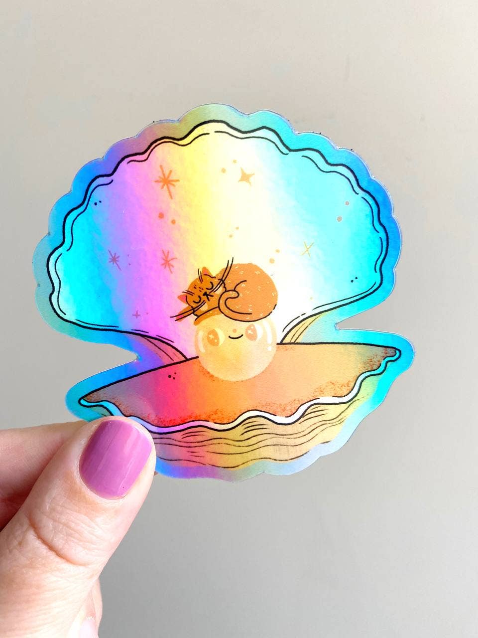Holographic Oyster & Cat Vinyl Sticker