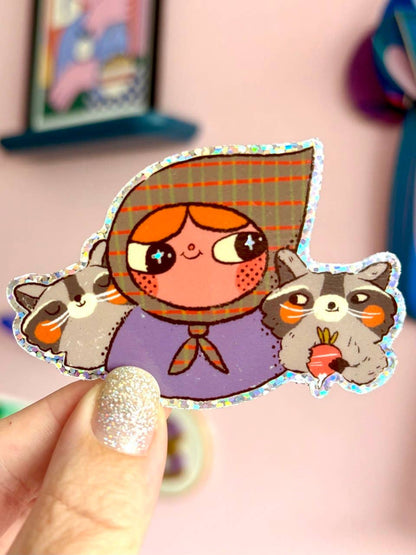 Raccoon Lady Glitter Sticker