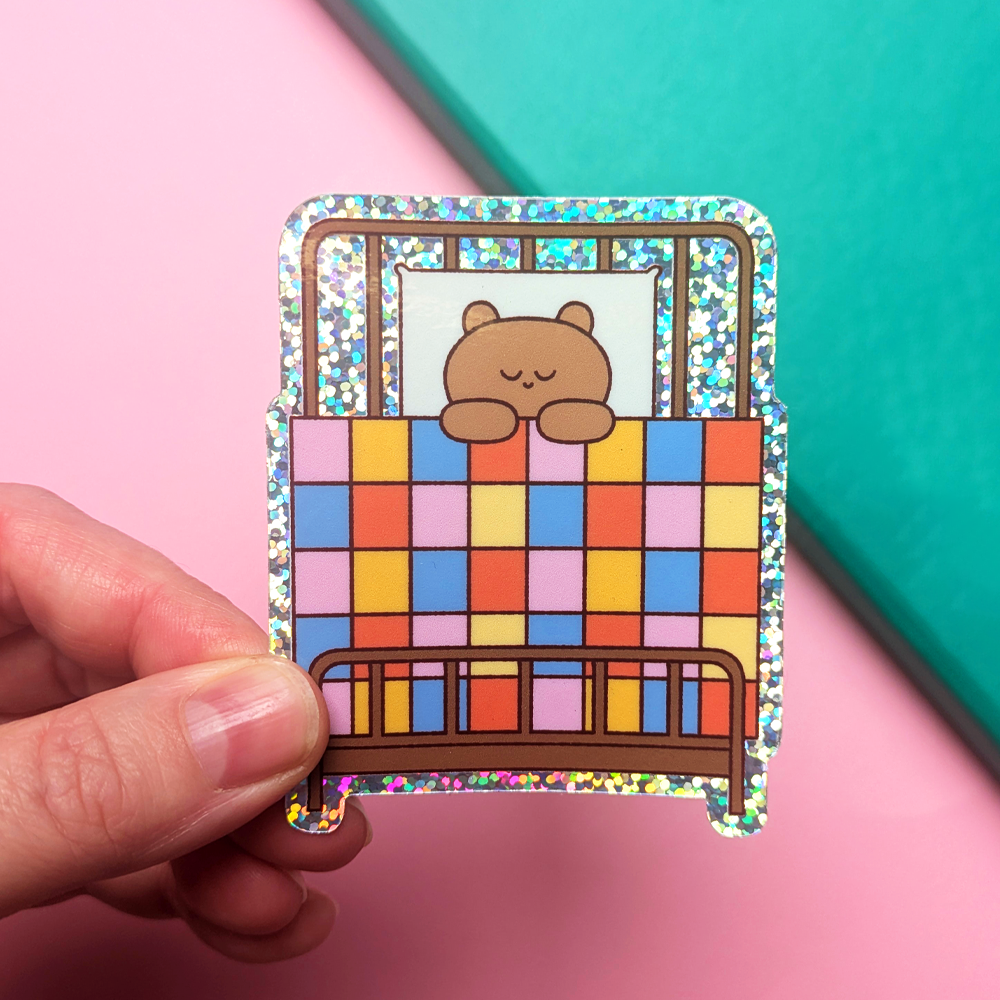 Glitter bear in bed sticker