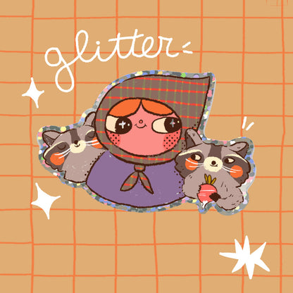 Raccoon Lady Glitter Sticker