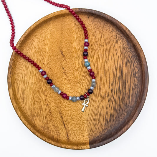 Silver Key Of Life Red Bead Necklace