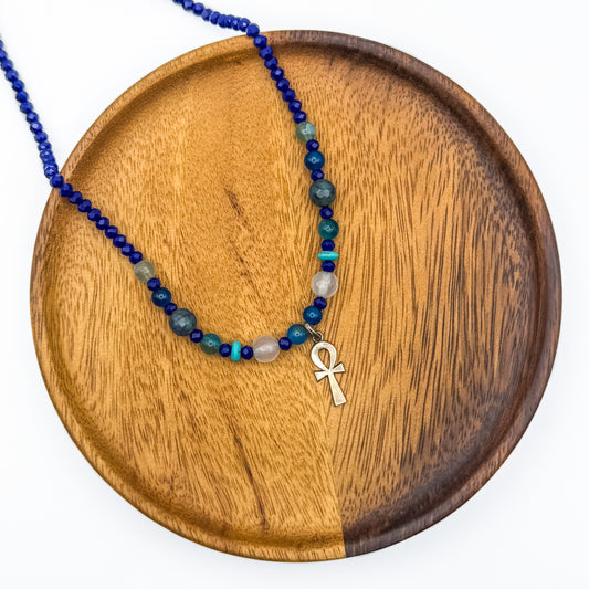 Silver Key Of Life Blue Bead Necklace