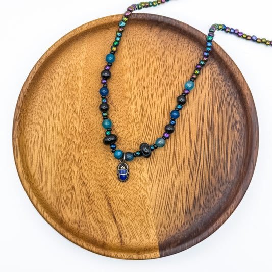 Silver Scarab iridescent Bead Necklace