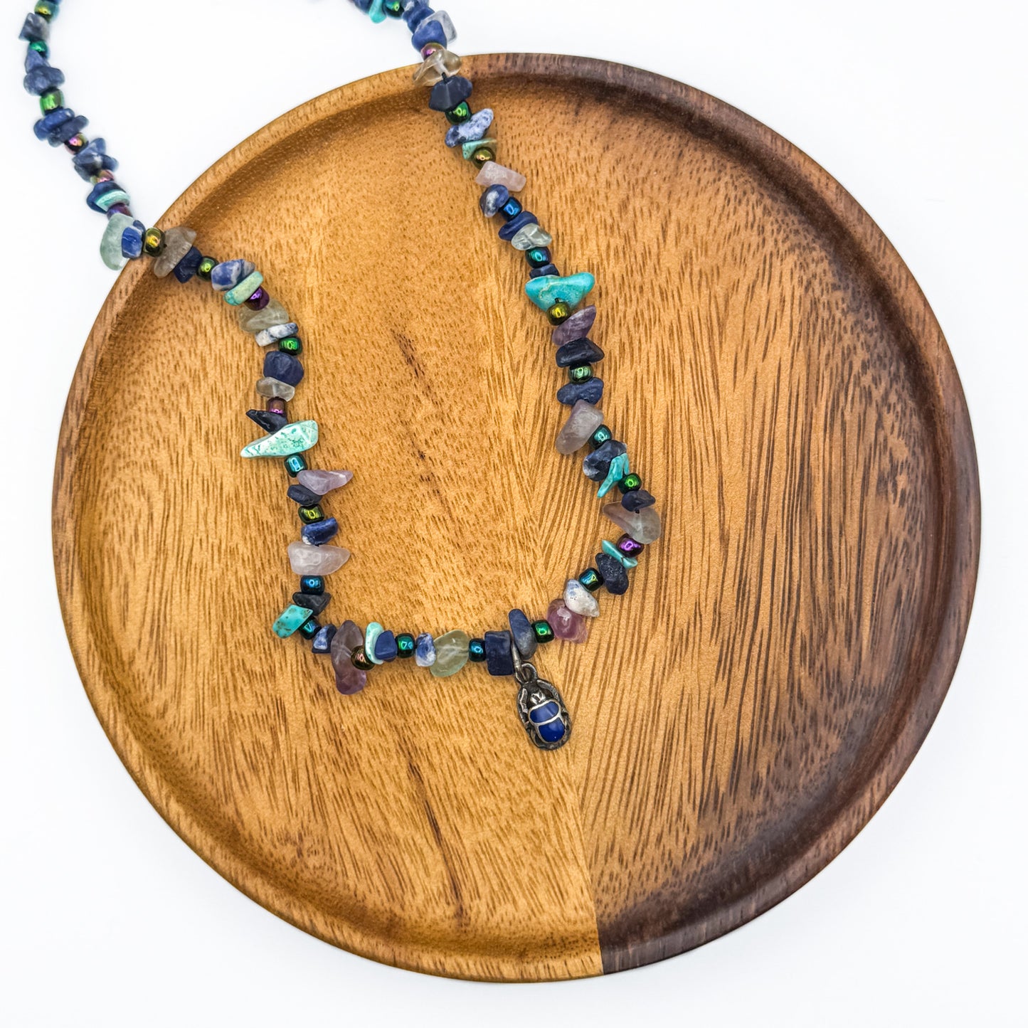 Silver Scarab Blue Bead Necklace