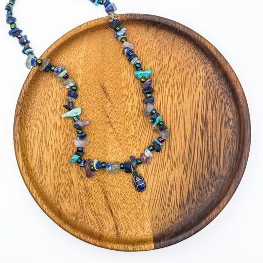 Silver Scarab Blue Bead Necklace