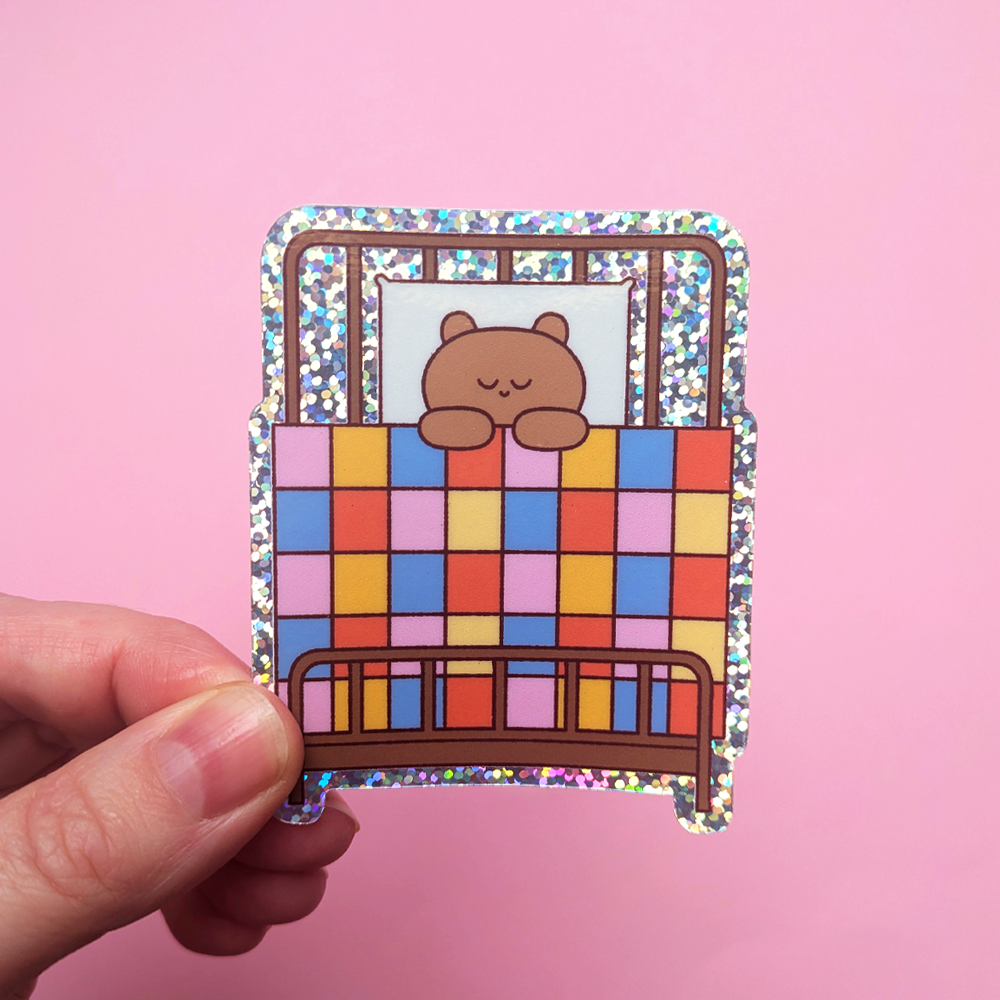 Glitter bear in bed sticker