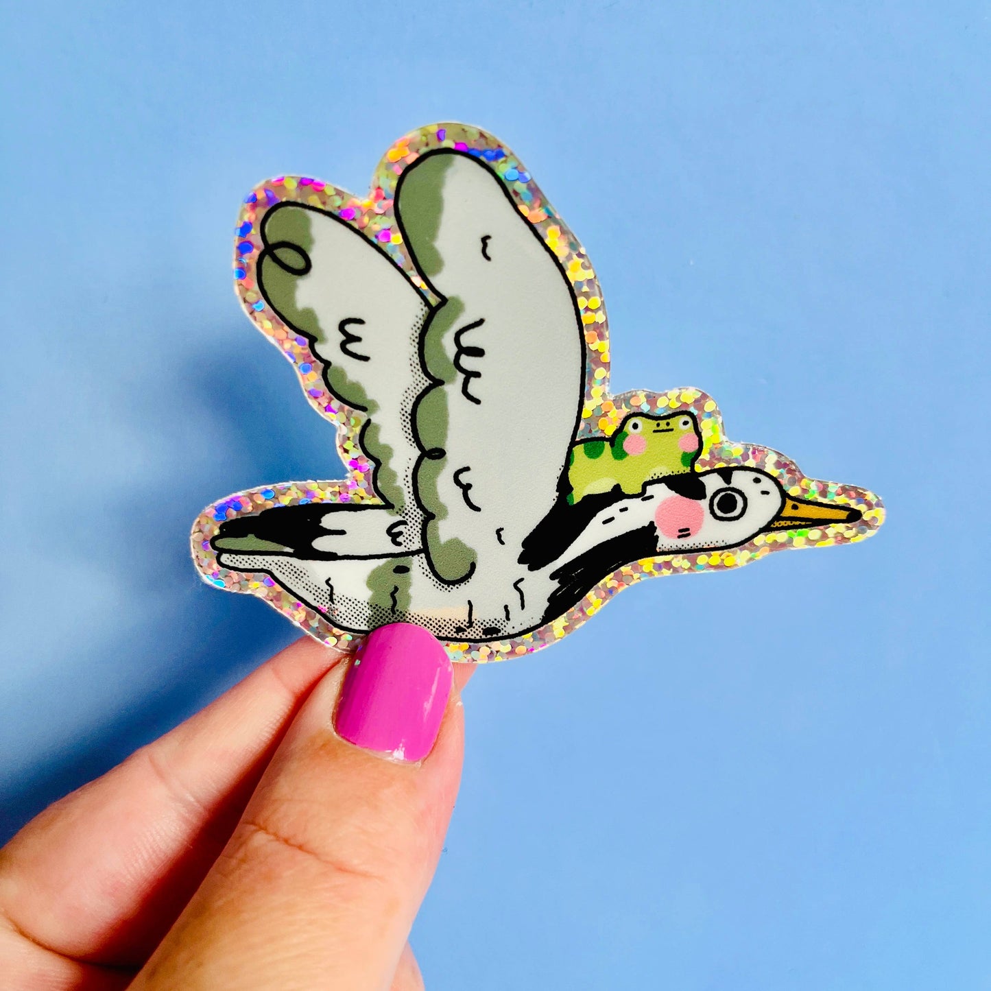 Flying Goose and Frog glitter sticker