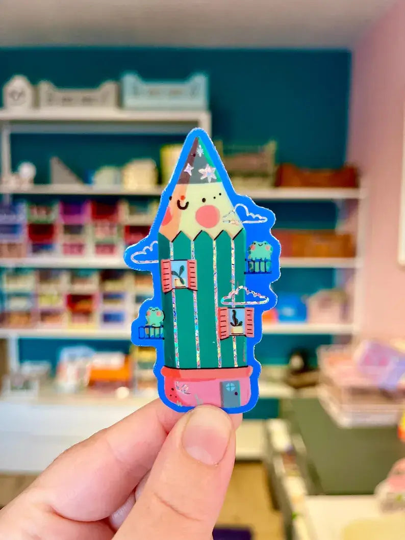Frog Pencil House Glitter Sticker