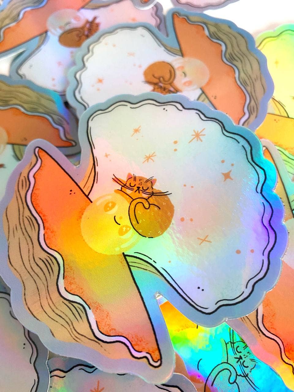 Holographic Oyster & Cat Vinyl Sticker
